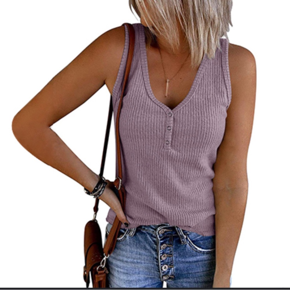 TECREW Womens Sleeveless V Neck Tank Tops Summer Casual Ribbed Henley Shirt Lg